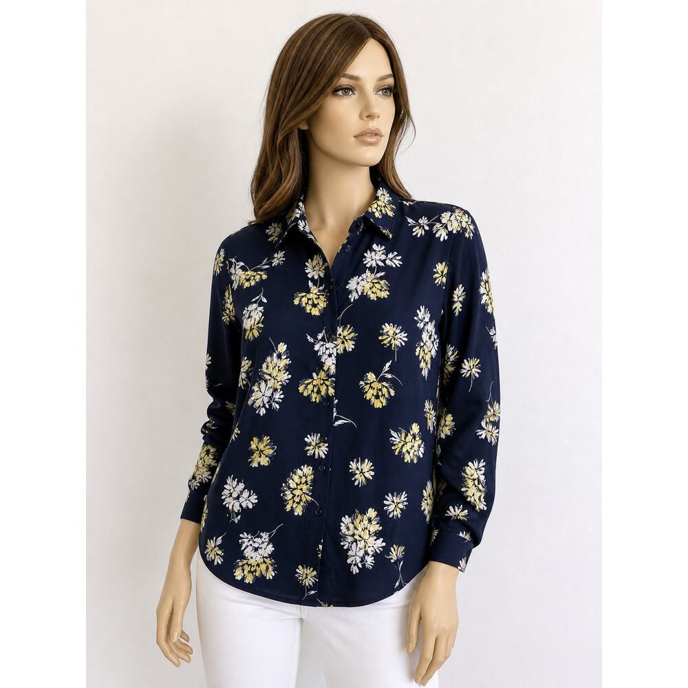 Banana republic Woman's L dilon classic Floral Blue White soft blouse button